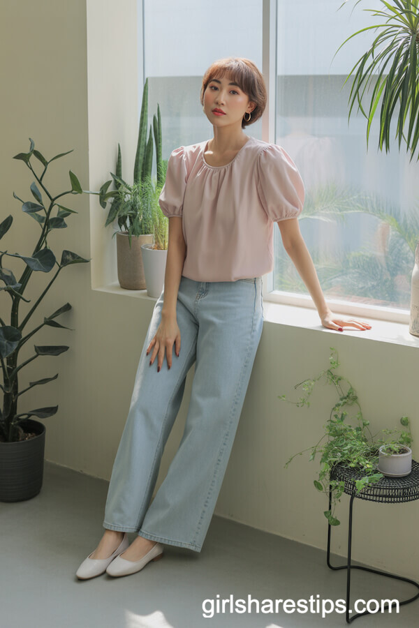 Light Pink Puff Sleeve Blouse with Pale Blue Wide Leg Jeans
