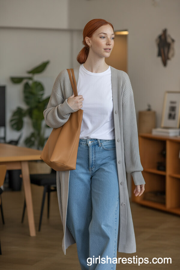Grey Cardigan and Classic White Tee with Mid-Wash Wide Leg Jeans