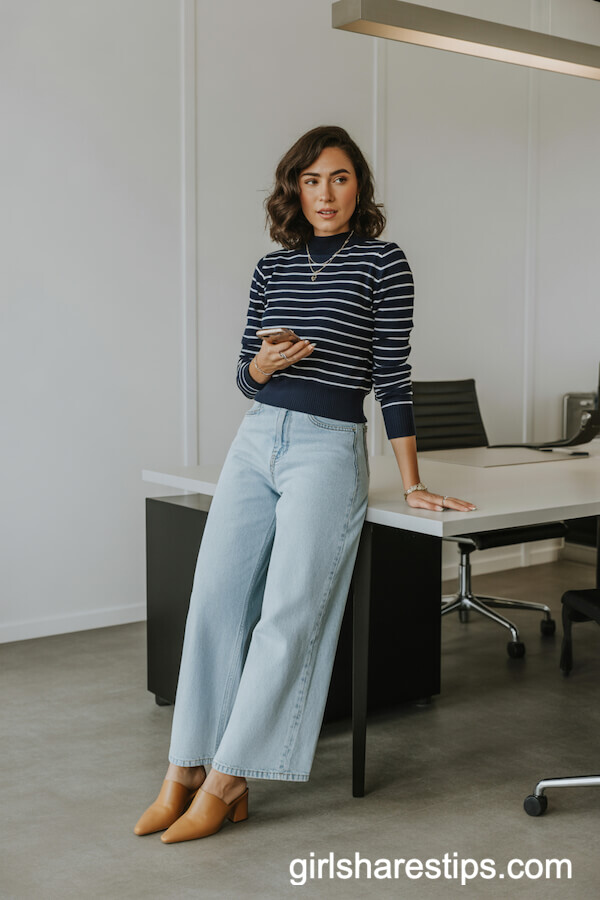 Striped Knit Top and Tan Mules with Light Blue Wide Leg Jeans