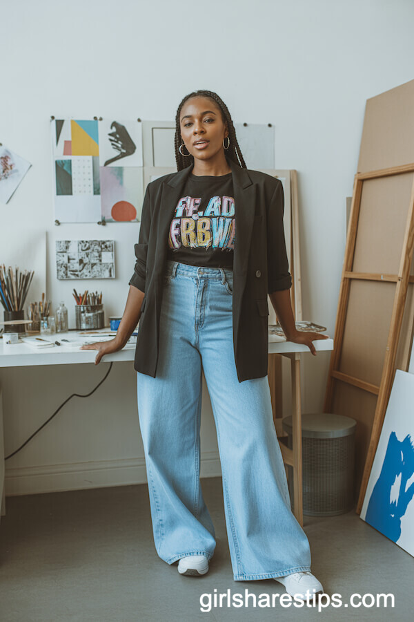 Black Blazer and Graphic Tee with Light Blue Wide Leg Jeans