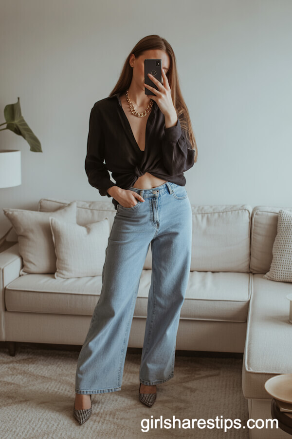 Tucked-In Black Top with Wide Leg Jeans and Statement Necklace