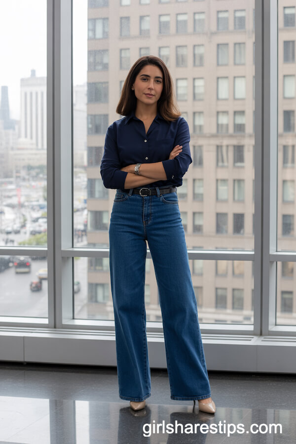 Navy Button-Up Shirt with Classic Blue Wide Leg Jeans