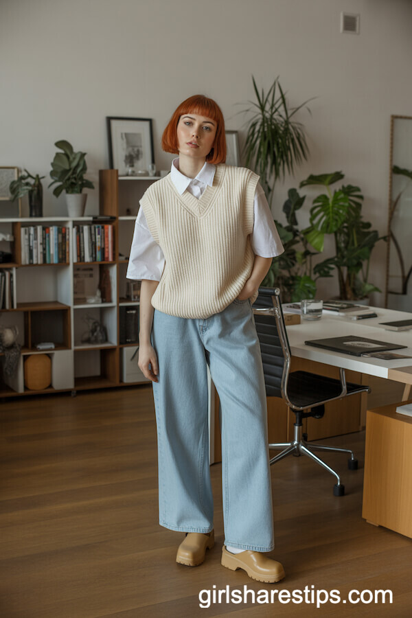 Sweater Vest Layered Over a Shirt with Loose Blue Wide Leg Jeans