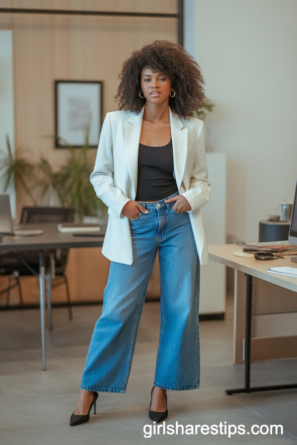 Bright White Blazer over Black Top and Blue Wide Leg Jeans