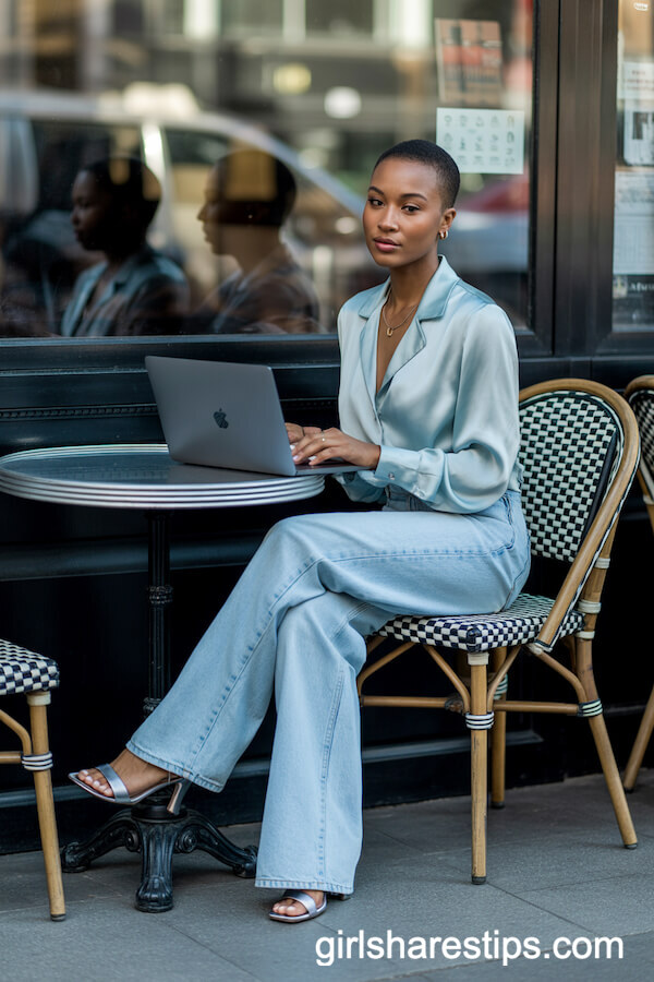Pale Blue Silk Blouse with Faded Wide Leg Jeans and Heeled Sandals