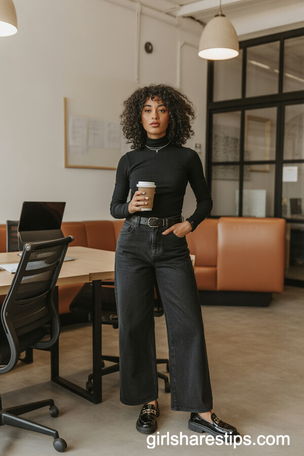 Black Turtleneck Top and Dark Indigo Wide Leg Jeans with Loafers