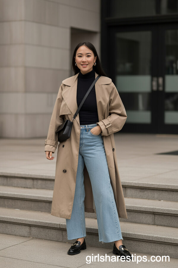 Beige Trench Coat with Black Turtleneck and Light Blue Wide Leg Jeans