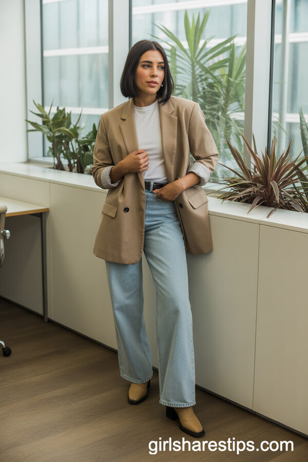 Beige Blazer Layered Over a White Tee with Light Blue Wide Leg Jeans