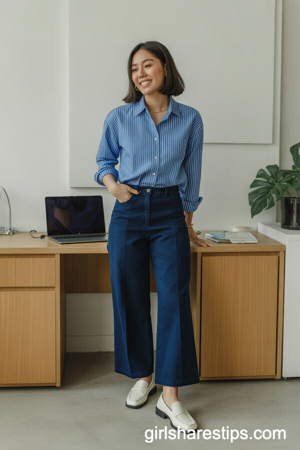 Striped Button-Up Shirt and Tailored Navy Wide Leg Jeans for the Office