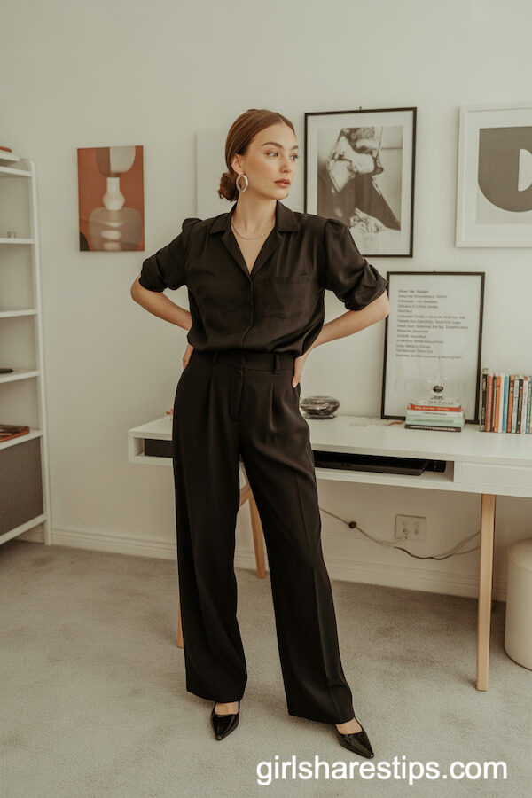 Monochrome Black: Blouse and Wide Leg Trousers for a Minimalist Look