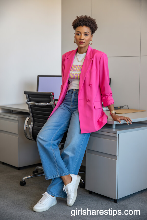 Hot Pink Blazer with Graphic Tee and Wide Leg Jeans for a Bold Work Outfit