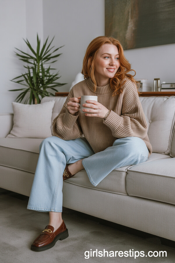 Chunky Knit Sweater Half-Tucked into Light Wash Wide Leg Jeans