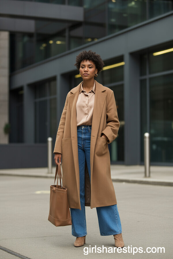 Camel Wool Coat Neutral Blouse Blue Wide Leg Jeans