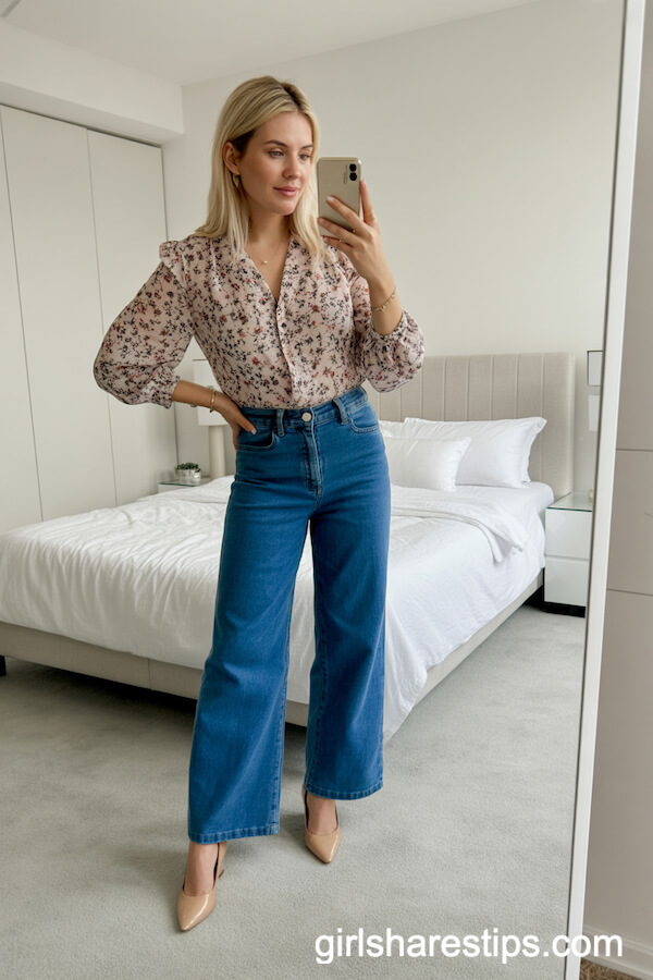 Floral Blouse Paired with Classic Blue Wide Leg Jeans