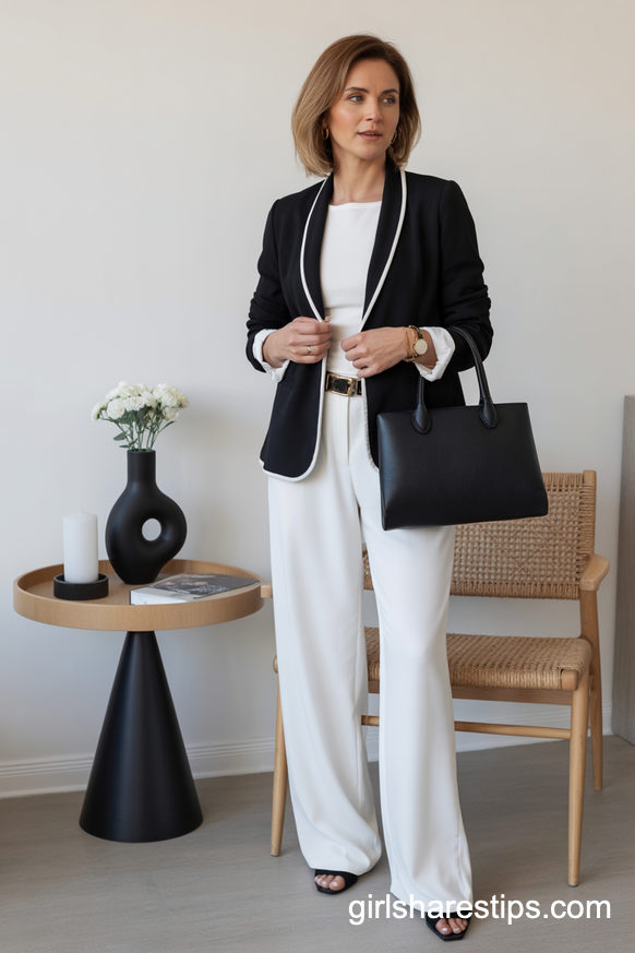 Black Blazer And White Wide Leg Pants For Modern Office Days