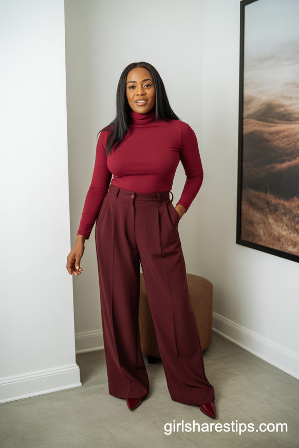 Monochrome Burgundy Wide Leg Pants Set For Sleek Evenings