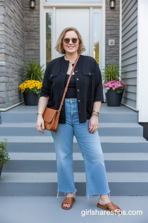 Black Cardigan With Light Wash Wide Leg Jeans And Sandals