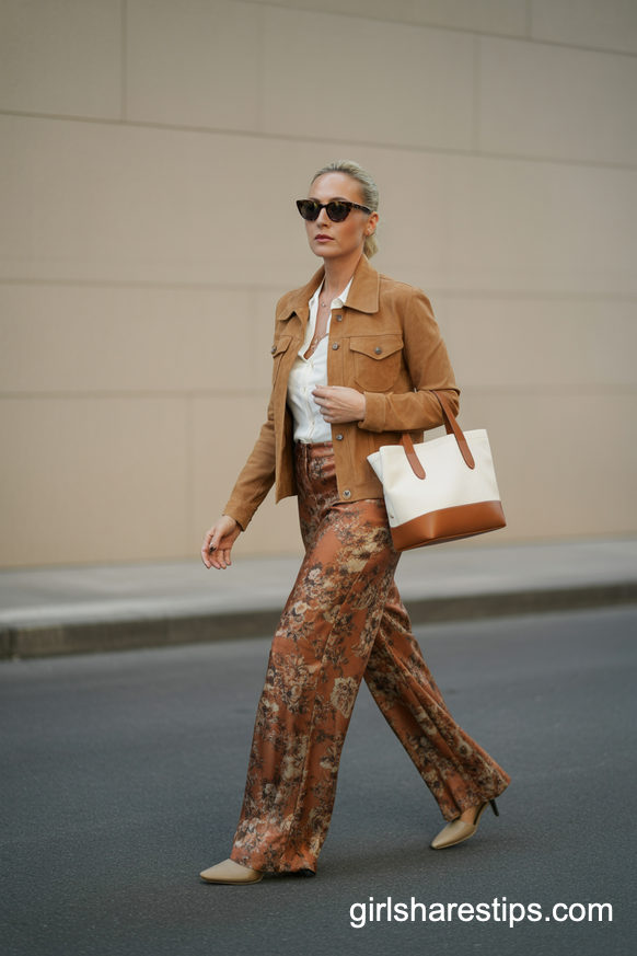 Tan Suede Jacket With Vintage Floral Wide Leg Pants