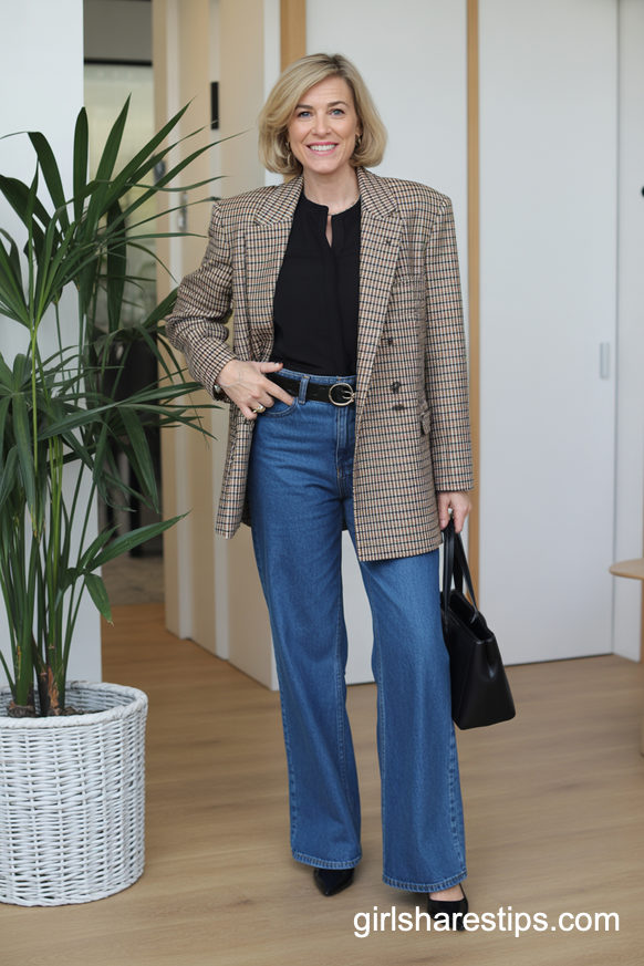 Check Blazer With Wide Leg Jeans For Smart Casual Days