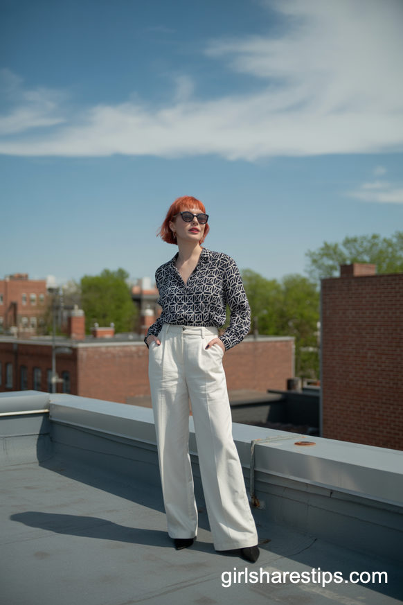 Geometric Shirt With White Wide Leg Trousers On The Rooftop