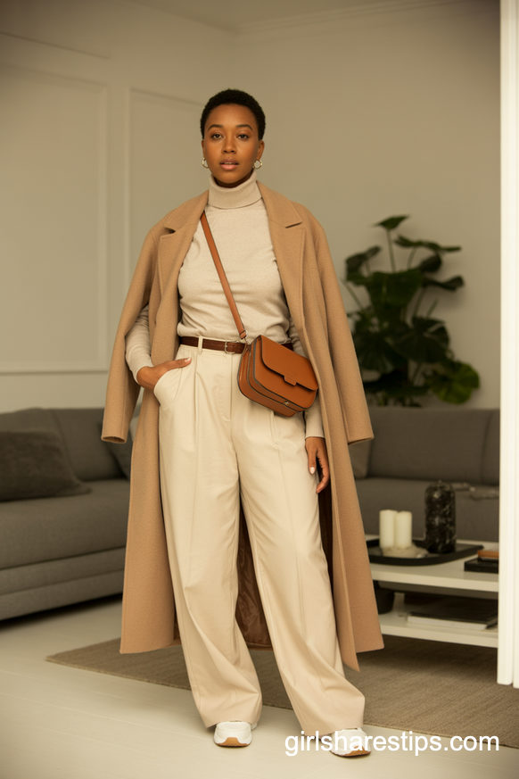 Camel Coat With Cream Wide Leg Pants And Sneakers