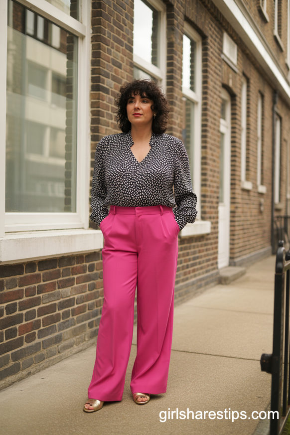 Hot Pink Wide Leg Pants With Polka Dot Blouse