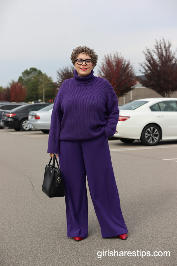 Monochrome Purple Wide Leg Pants And Chunky Sweater Look