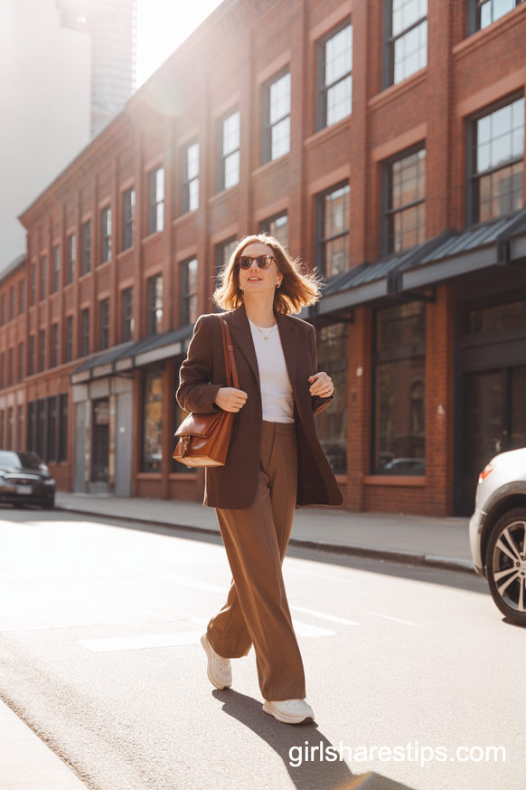 Brown Blazer And Wide Leg Trousers With White Sneakers
