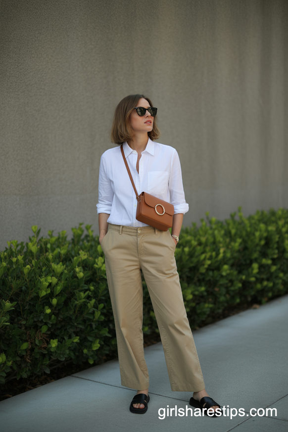 White Shirt And Khaki Wide Leg Pants Effortless Weekend Look