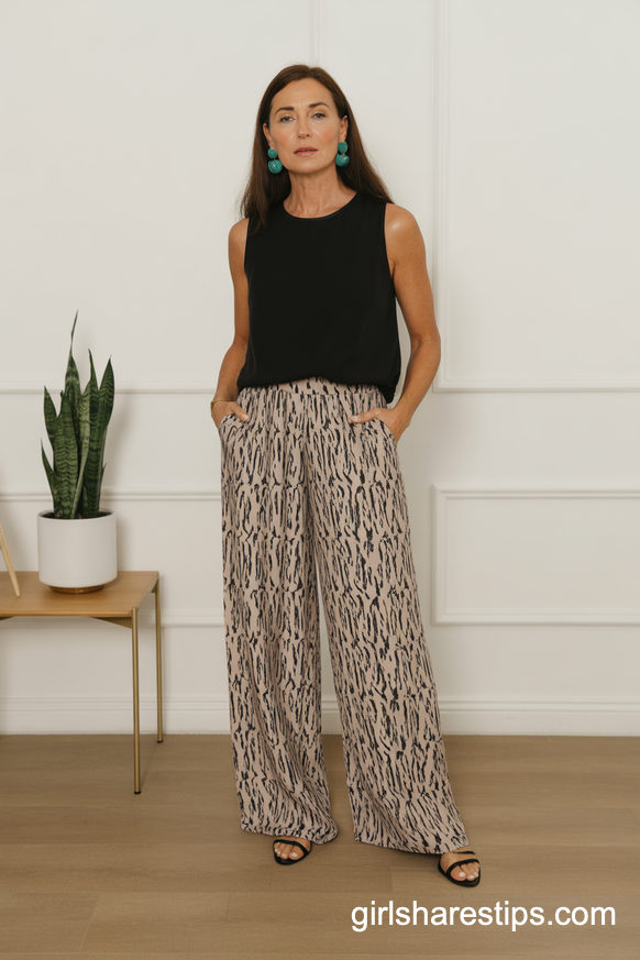 Black Sleeveless Top With Abstract Palazzo Wide Leg Pants