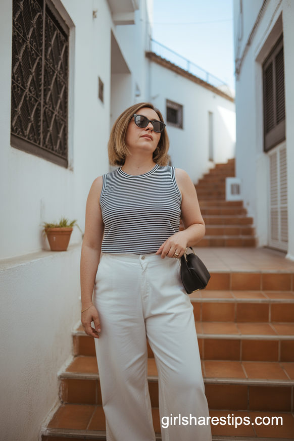 Striped Tank With White Wide Leg Pants Mediterranean Style