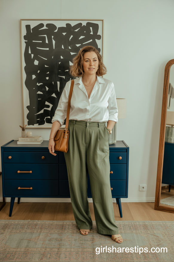Olive Linen Wide Leg Pants With White Satin Button Down