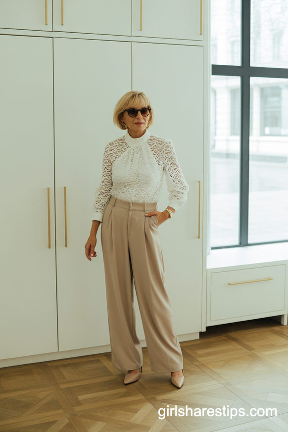 Beige Wide Leg Suit With Lace Blouse For Soft Power Dressing