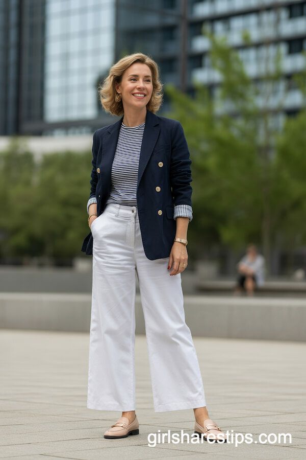 Crisp White Wide Leg Pants with Navy Blazer and Striped Tee