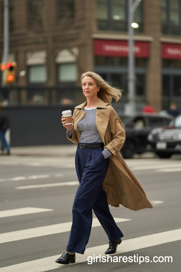 Navy Blue Wide Leg Pants with Striped Top and Tan Trench Coat