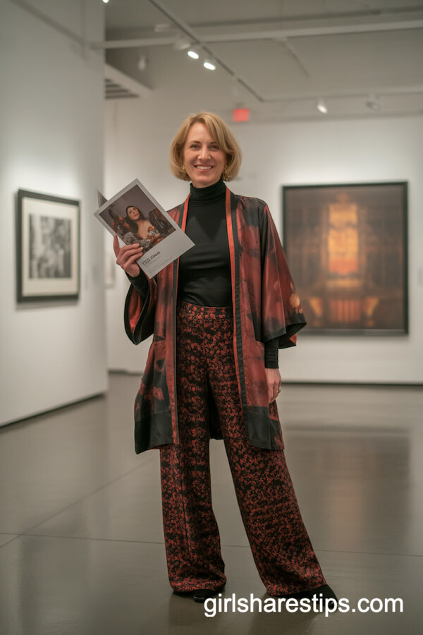 Brightly Patterned Wide Leg Pants with Fitted Black Turtleneck