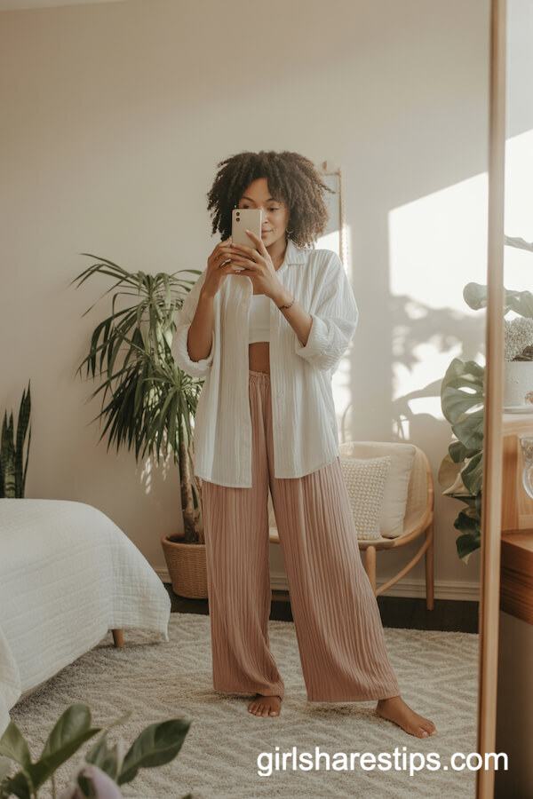 Soft Pajama-Style Wide Leg Pants with Oversized White Button-Down