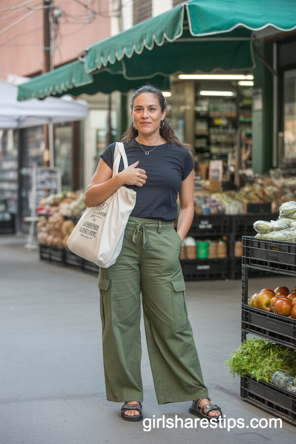 Olive Green Cargo Wide Leg Pants with Relaxed Black Tee