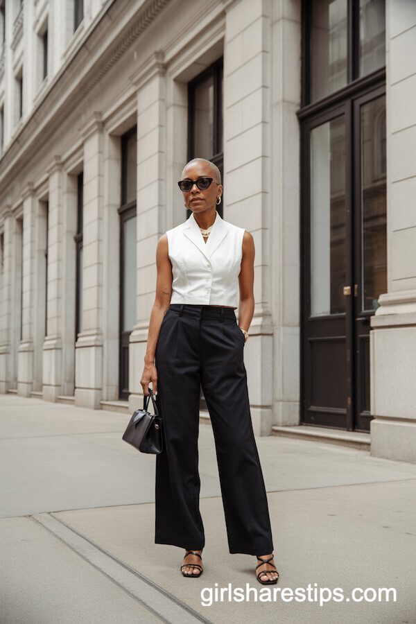 Black Wide Leg Pants with Sleeveless Structured White Top