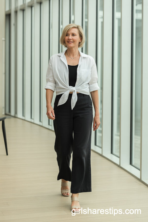 Black Wide Leg Pants with White Shirt Tied at Waist