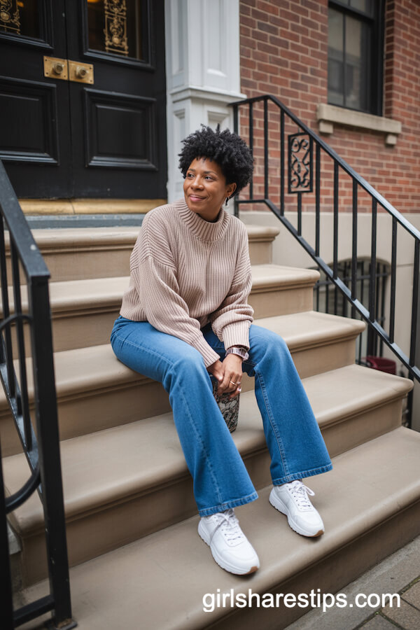 High-Waisted Wide Leg Denim Jeans with Chunky Beige Sweater