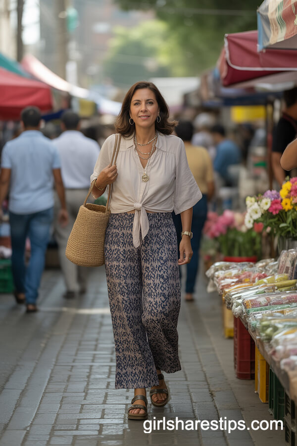 Patterned Wide Leg Pants with Flowy Cream Blouse