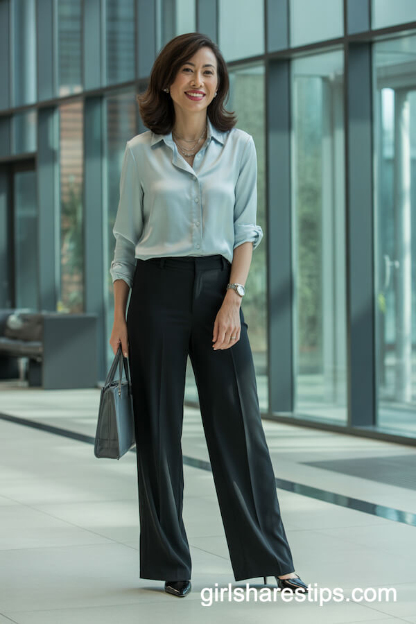 Sleek Black Wide Leg Trousers with Light Blue Silk Blouse