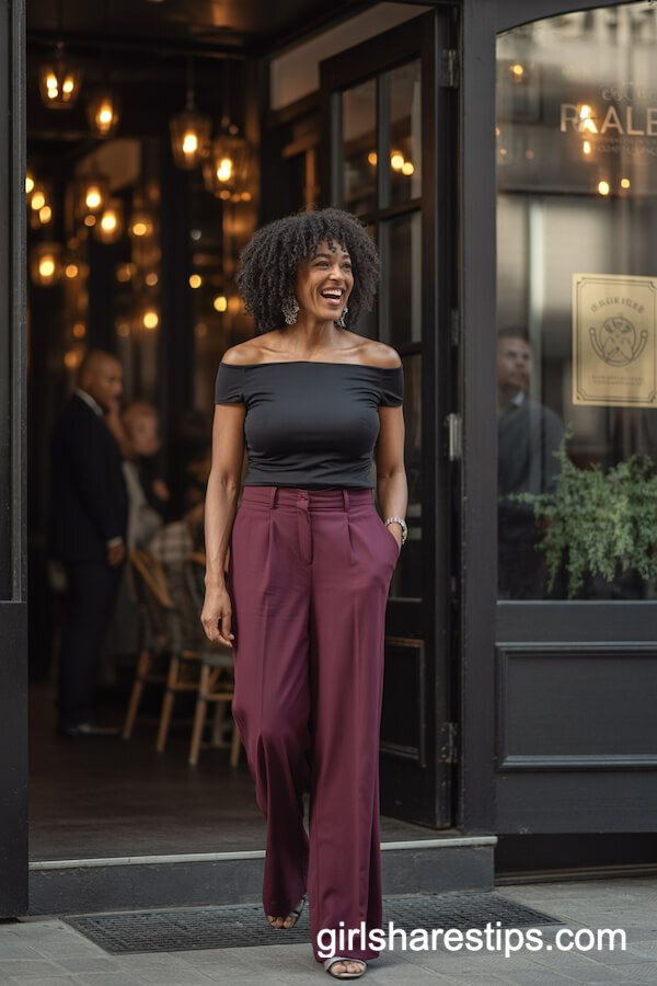 Deep Maroon Wide Leg Pants with Off-Shoulder Black Top
