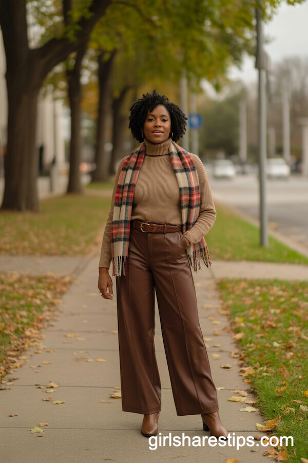 Chocolate Brown Wide Leg Pants with Tan Turtleneck Sweater