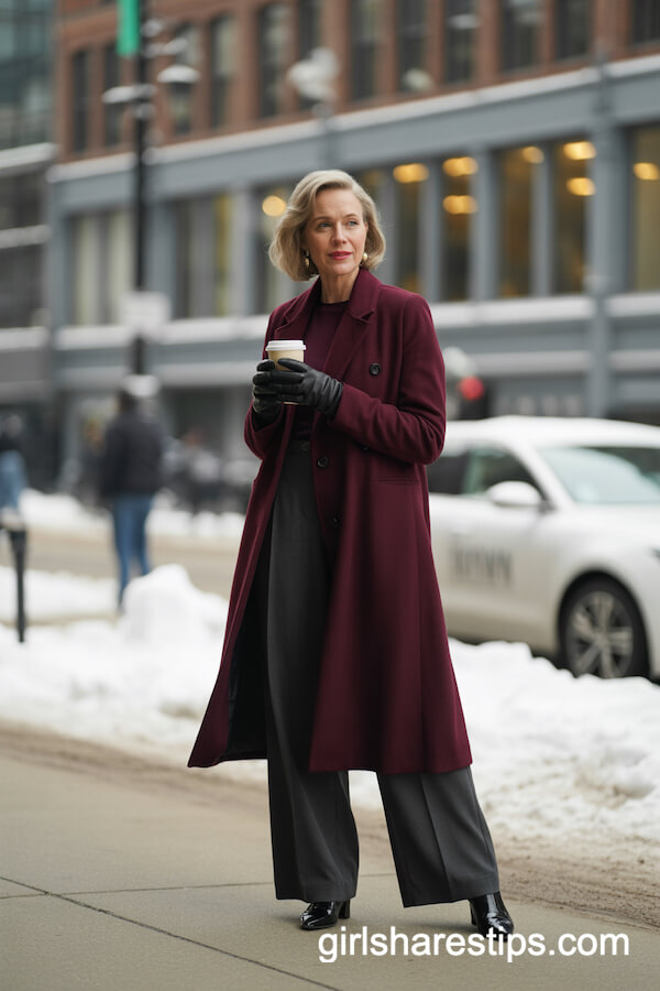 Dark Gray Wool Wide Leg Pants with Rich Burgundy Coat