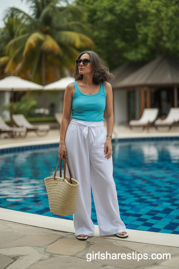 Flowing White Wide Leg Pants with Vibrant Turquoise Tank Top