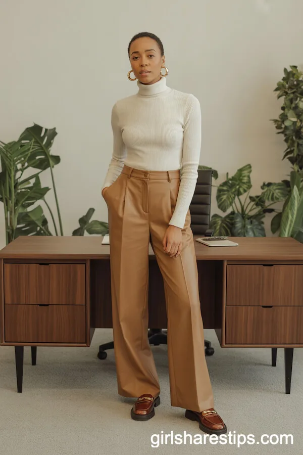 Camel Wide Leg Pants with a Cream Turtleneck for a Chic Work Look