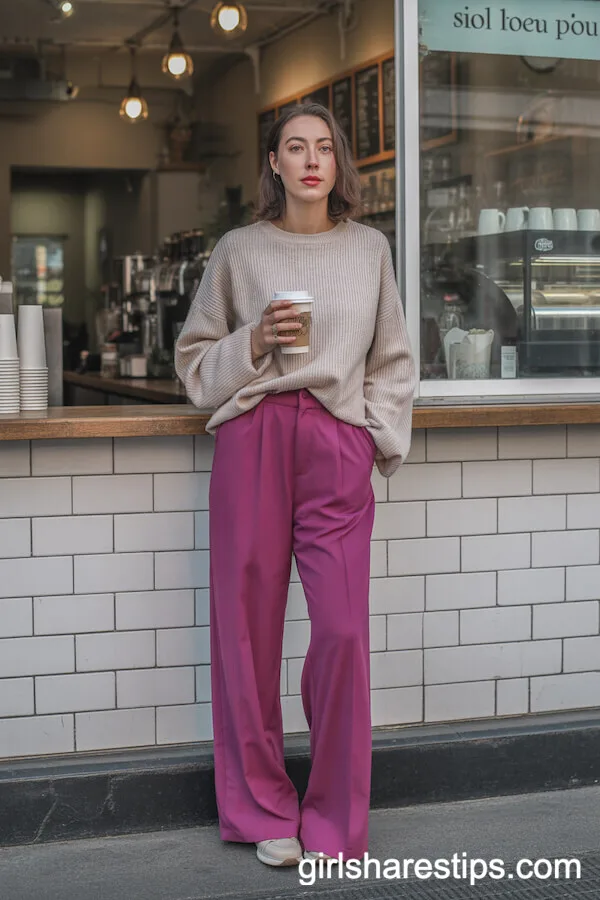 Magenta Wide Leg Pants with a Chunky Beige Sweater for a Bold Statement