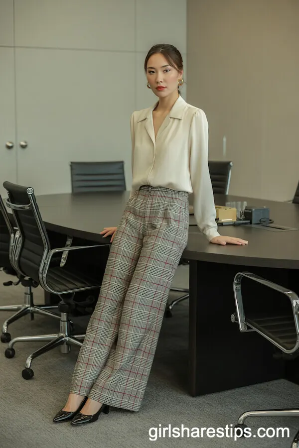 Plaid Wide Leg Pants with a Classic Cream Blouse